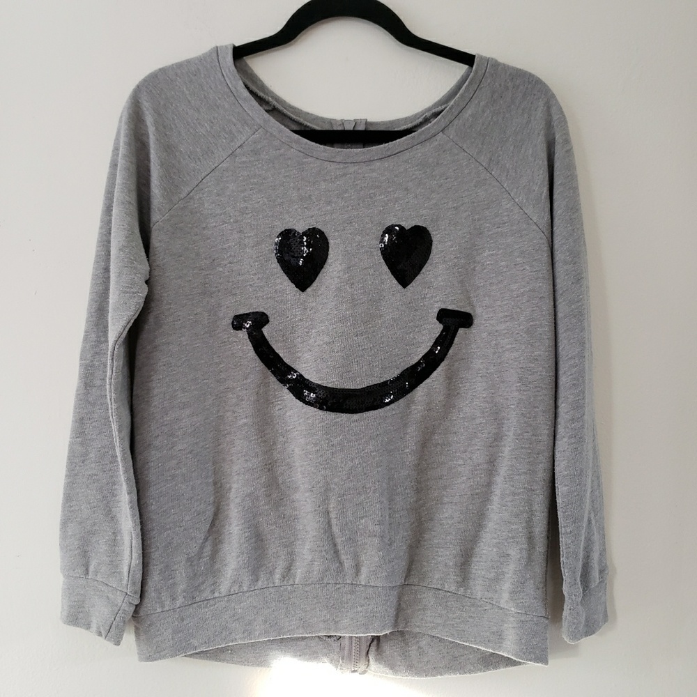 Rebellious One Sequin Smiley Gray Sweatshirt Sm.